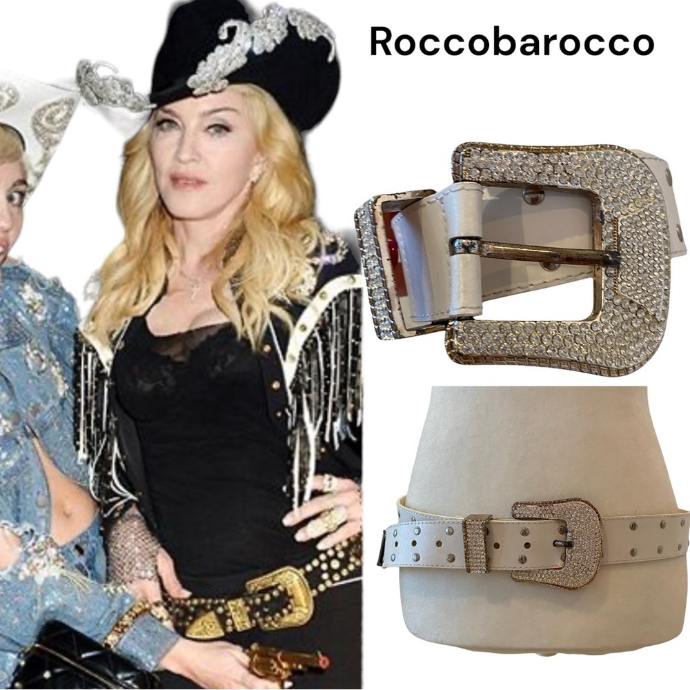 Vintage Y2K roccobarocco white western crystal belt bedazzled glam large buckle